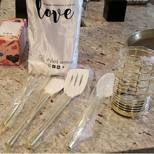 White and Gold Kitchen Utensils w/ Holder